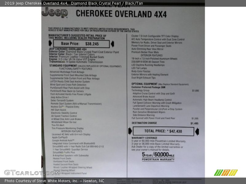 Diamond Black Crystal Pearl / Black/Tan 2019 Jeep Cherokee Overland 4x4