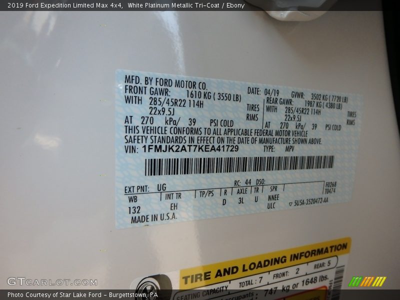 2019 Expedition Limited Max 4x4 White Platinum Metallic Tri-Coat Color Code UG