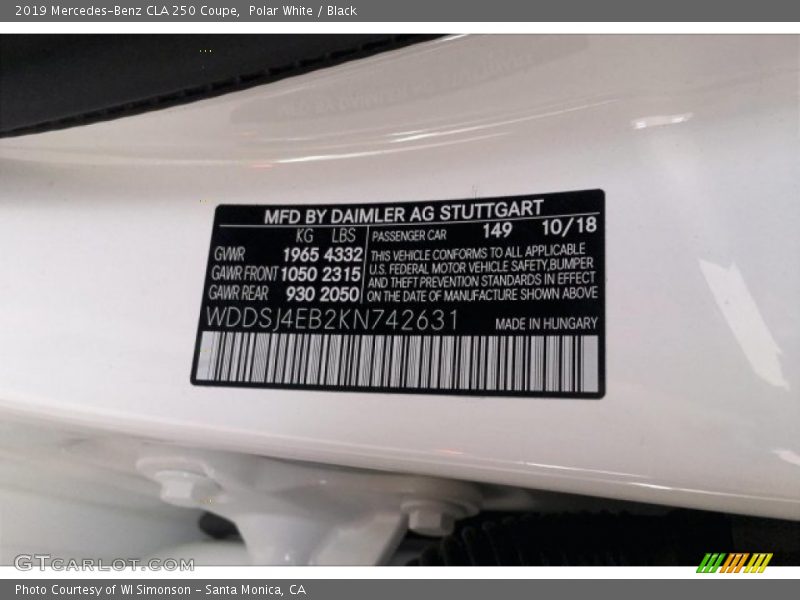 Polar White / Black 2019 Mercedes-Benz CLA 250 Coupe