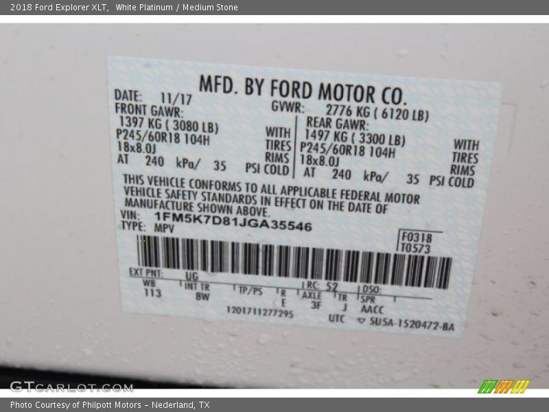 White Platinum / Medium Stone 2018 Ford Explorer XLT