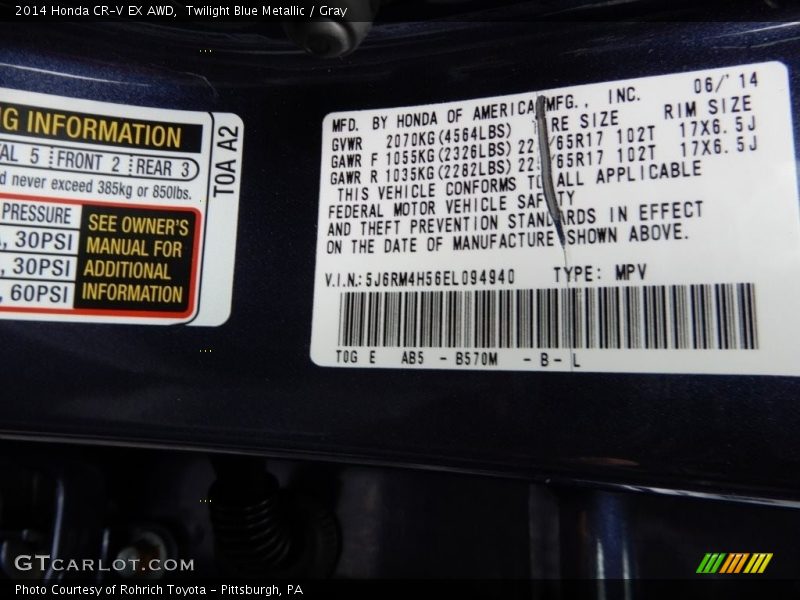 Twilight Blue Metallic / Gray 2014 Honda CR-V EX AWD