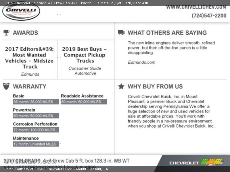 Pacific Blue Metallic / Jet Black/Dark Ash 2019 Chevrolet Colorado WT Crew Cab 4x4