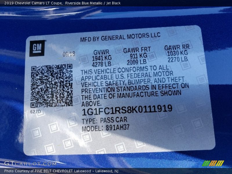 Riverside Blue Metallic / Jet Black 2019 Chevrolet Camaro LT Coupe