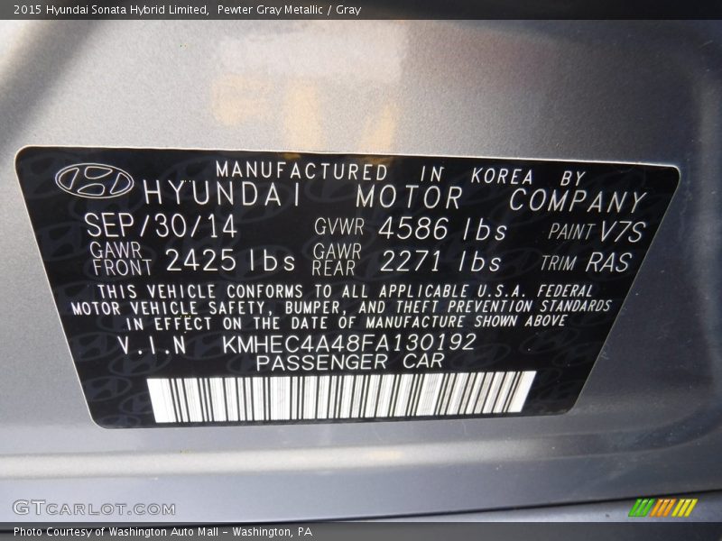 Pewter Gray Metallic / Gray 2015 Hyundai Sonata Hybrid Limited