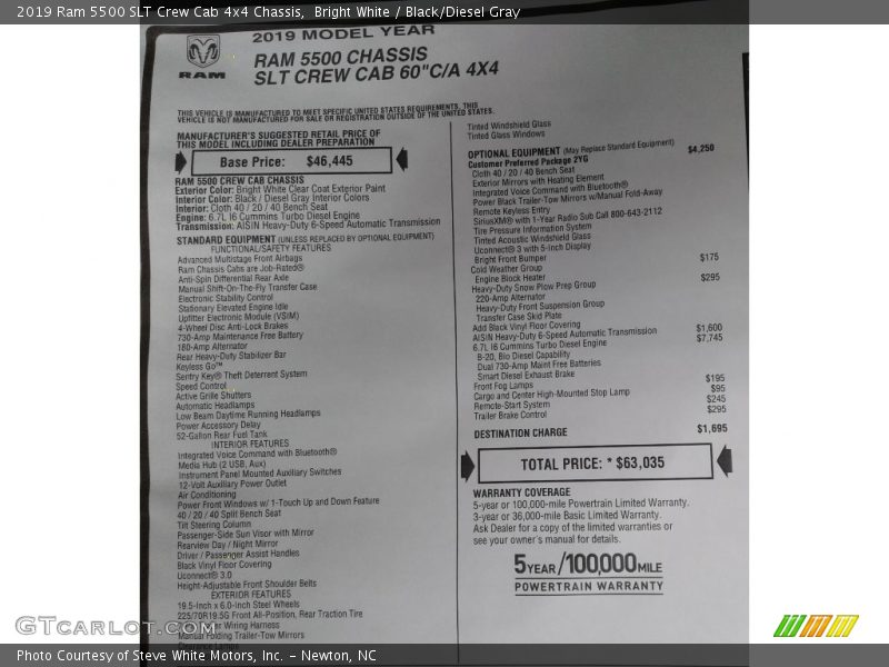  2019 5500 SLT Crew Cab 4x4 Chassis Window Sticker