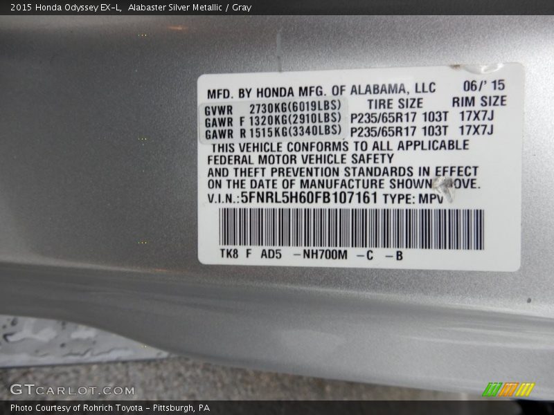 Alabaster Silver Metallic / Gray 2015 Honda Odyssey EX-L