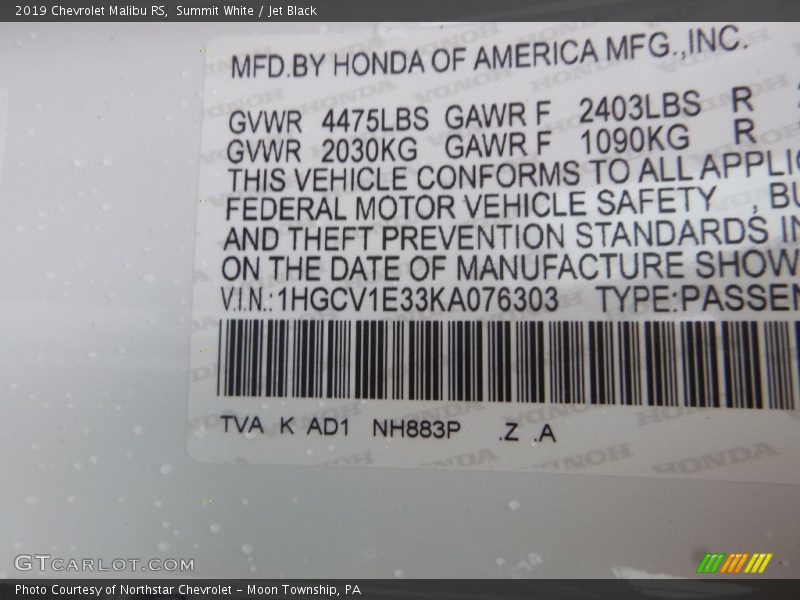 Summit White / Jet Black 2019 Chevrolet Malibu RS