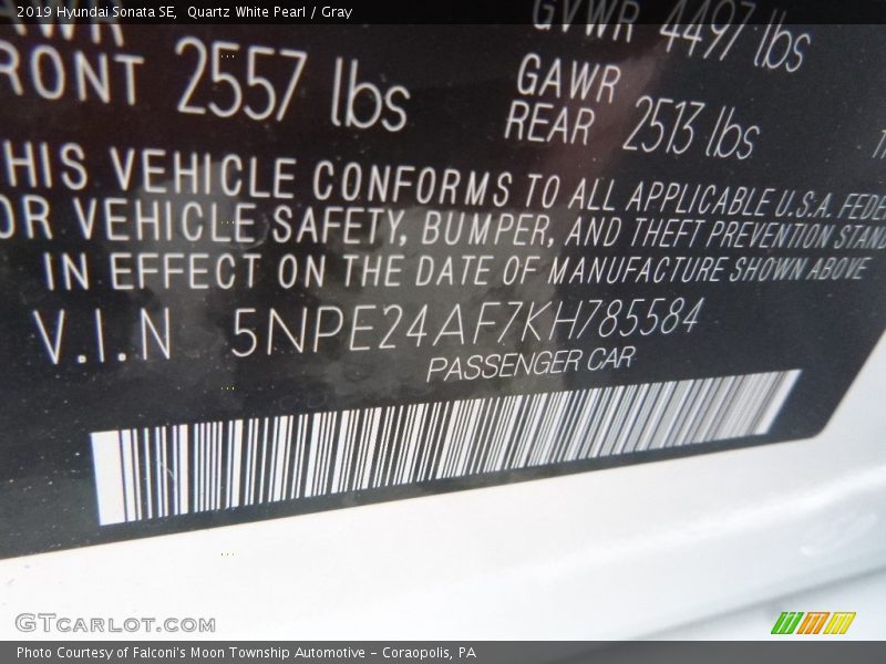 Quartz White Pearl / Gray 2019 Hyundai Sonata SE