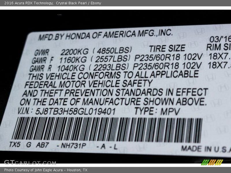 Crystal Black Pearl / Ebony 2016 Acura RDX Technology