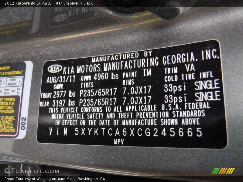 Titanium Silver / Black 2012 Kia Sorento LX AWD