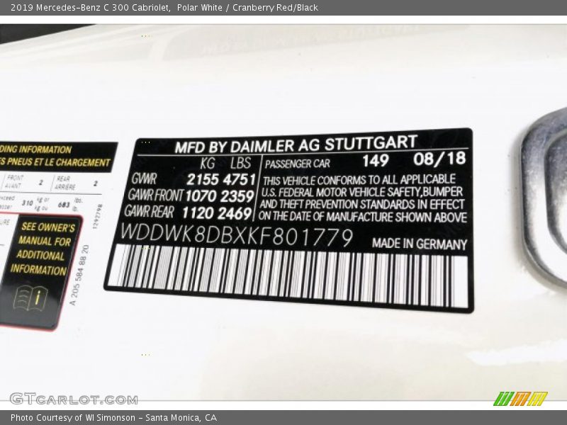 Polar White / Cranberry Red/Black 2019 Mercedes-Benz C 300 Cabriolet