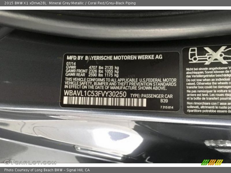 Mineral Grey Metallic / Coral Red/Grey-Black Piping 2015 BMW X1 xDrive28i