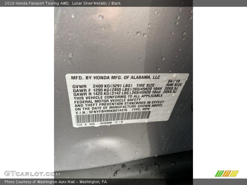 Lunar Silver Metallic / Black 2019 Honda Passport Touring AWD