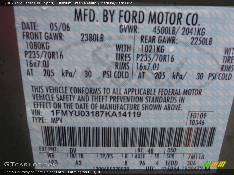 Titanium Green Metallic / Medium/Dark Flint 2007 Ford Escape XLT Sport