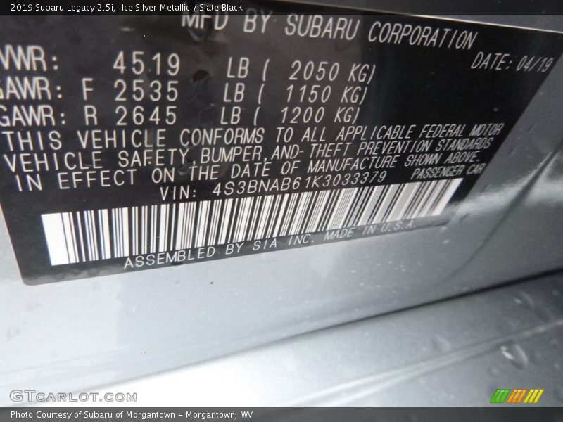 Ice Silver Metallic / Slate Black 2019 Subaru Legacy 2.5i