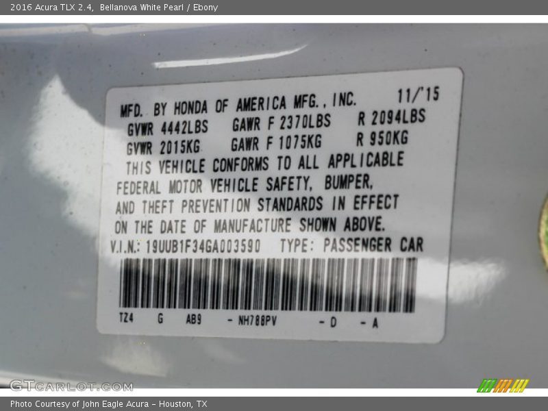 Bellanova White Pearl / Ebony 2016 Acura TLX 2.4
