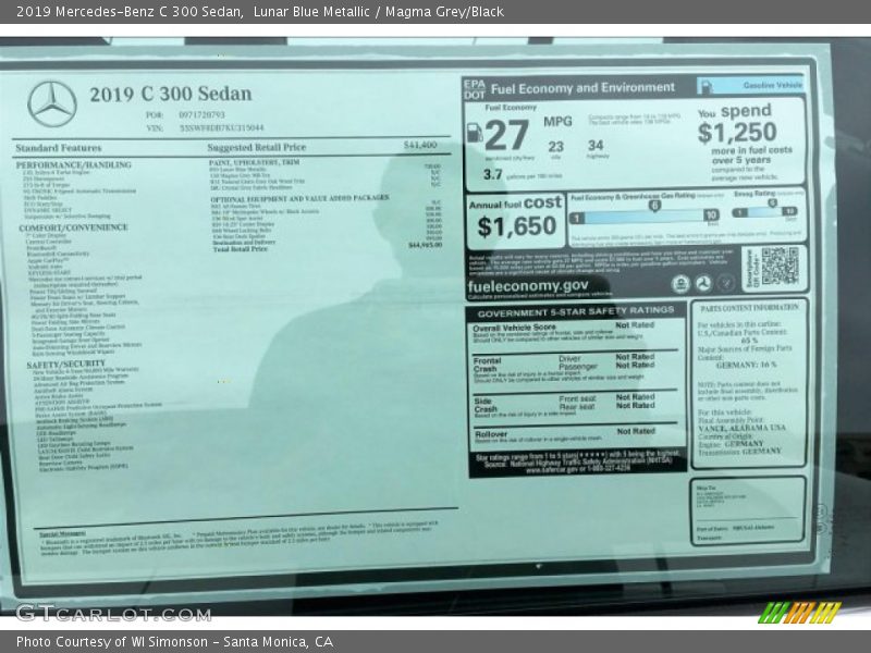 Lunar Blue Metallic / Magma Grey/Black 2019 Mercedes-Benz C 300 Sedan