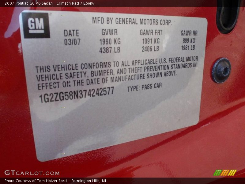 Crimson Red / Ebony 2007 Pontiac G6 V6 Sedan