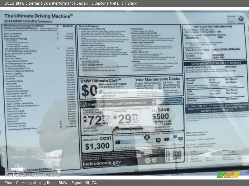 Bluestone Metallic / Black 2019 BMW 5 Series 530e iPerformance Sedan