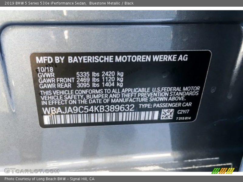 Bluestone Metallic / Black 2019 BMW 5 Series 530e iPerformance Sedan