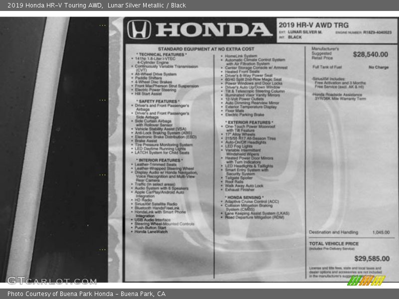 Lunar Silver Metallic / Black 2019 Honda HR-V Touring AWD