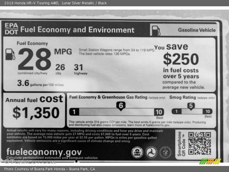 Lunar Silver Metallic / Black 2019 Honda HR-V Touring AWD