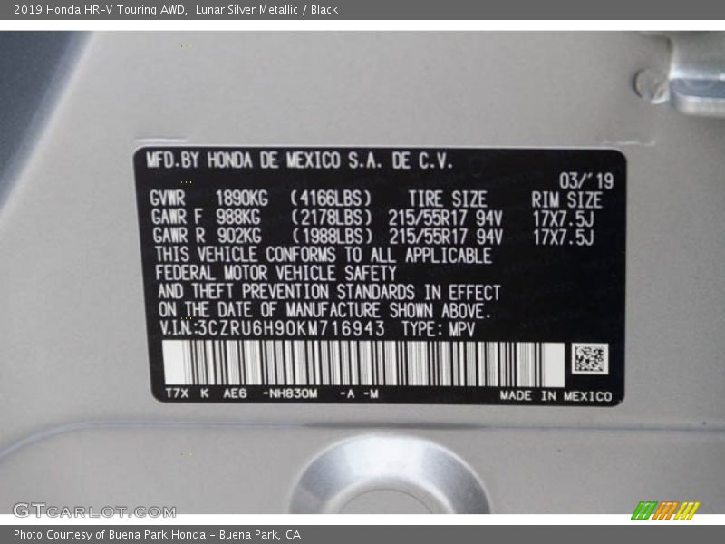 Lunar Silver Metallic / Black 2019 Honda HR-V Touring AWD