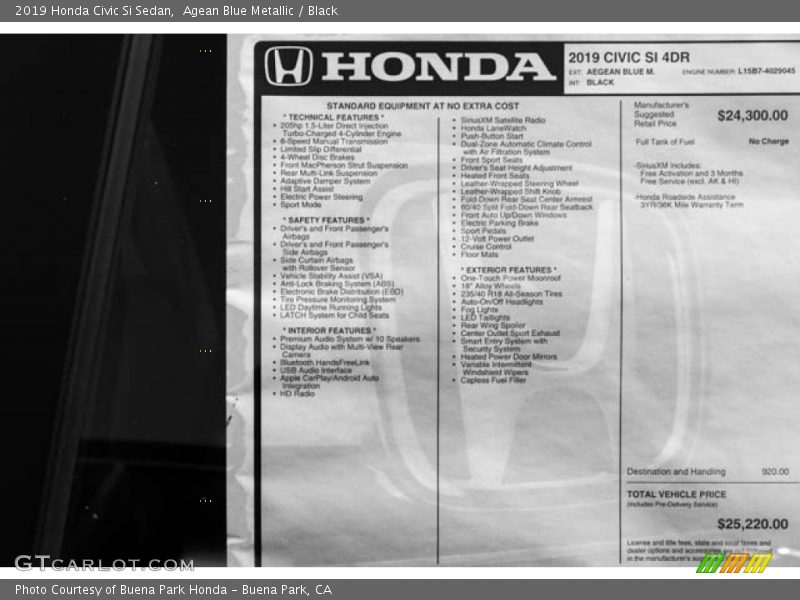  2019 Civic Si Sedan Window Sticker