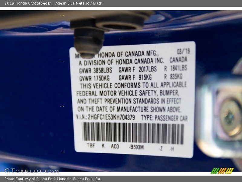 2019 Civic Si Sedan Agean Blue Metallic Color Code B593M