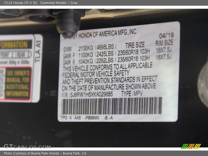Gunmetal Metallic / Gray 2019 Honda CR-V EX