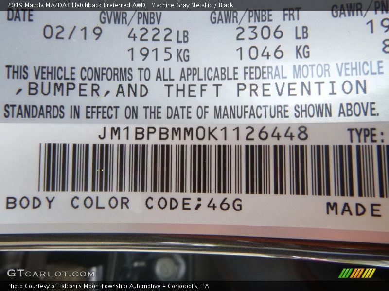 2019 MAZDA3 Hatchback Preferred AWD Machine Gray Metallic Color Code 46G