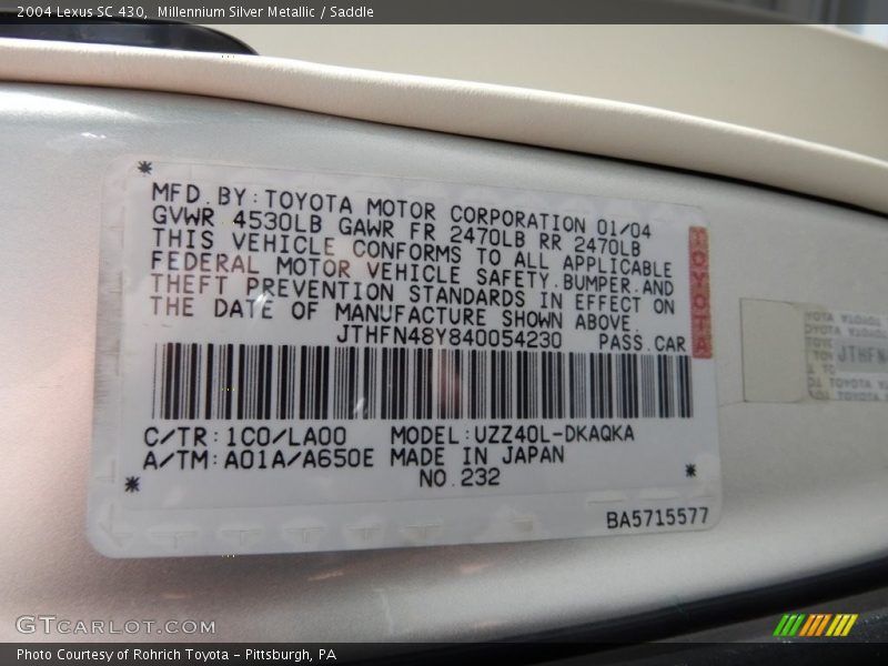 Millennium Silver Metallic / Saddle 2004 Lexus SC 430