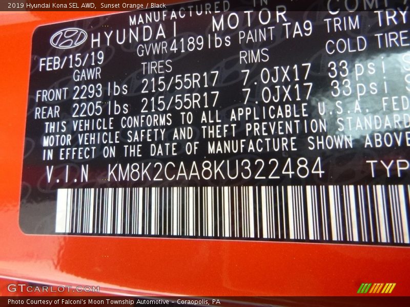 2019 Kona SEL AWD Sunset Orange Color Code TA9