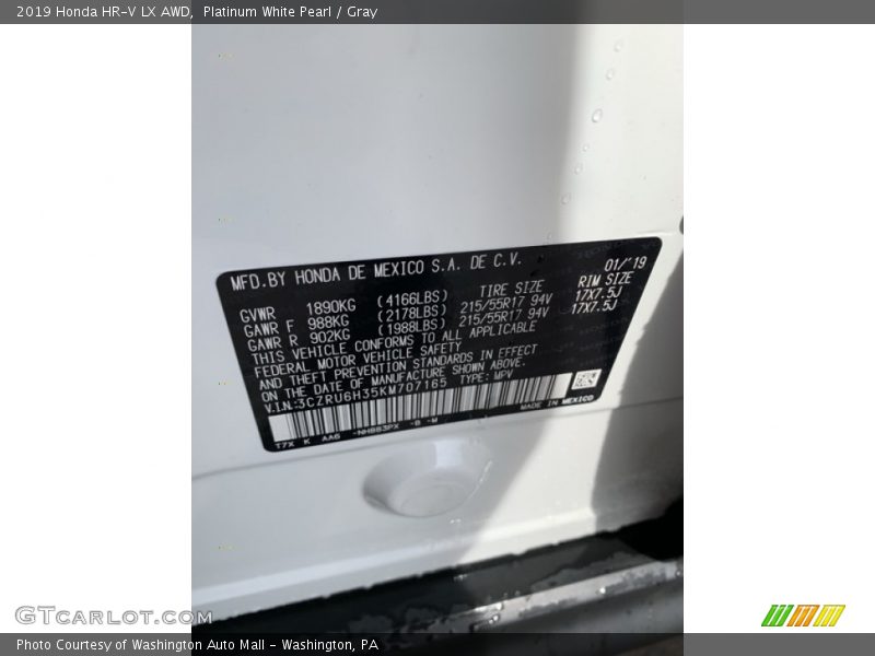 Platinum White Pearl / Gray 2019 Honda HR-V LX AWD