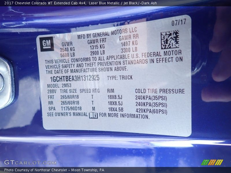 Laser Blue Metallic / Jet Black/­Dark Ash 2017 Chevrolet Colorado WT Extended Cab 4x4