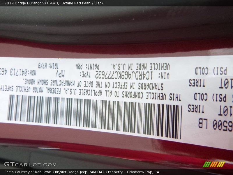 Octane Red Pearl / Black 2019 Dodge Durango SXT AWD