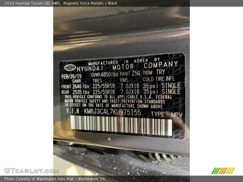 Magnetic Force Metallic / Black 2019 Hyundai Tucson SEL AWD