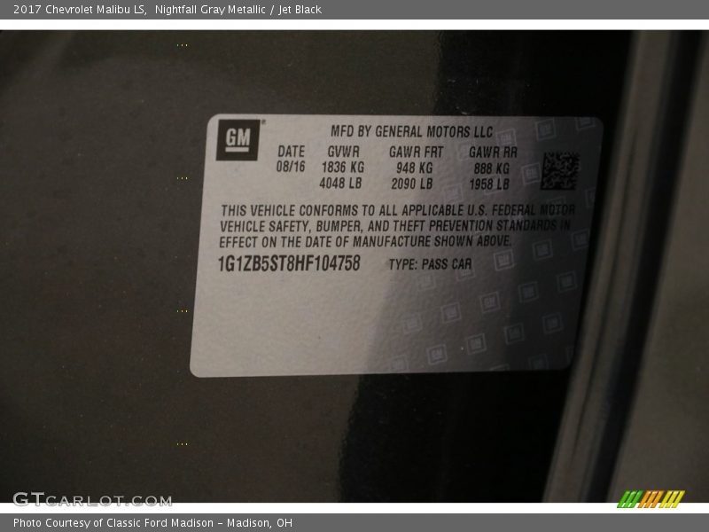 Nightfall Gray Metallic / Jet Black 2017 Chevrolet Malibu LS
