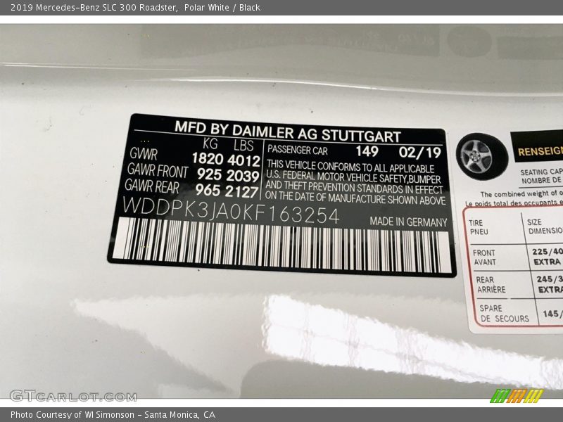2019 SLC 300 Roadster Polar White Color Code 149