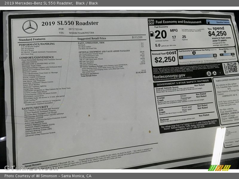  2019 SL 550 Roadster Window Sticker