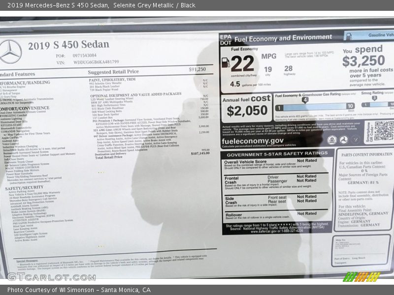  2019 S 450 Sedan Window Sticker