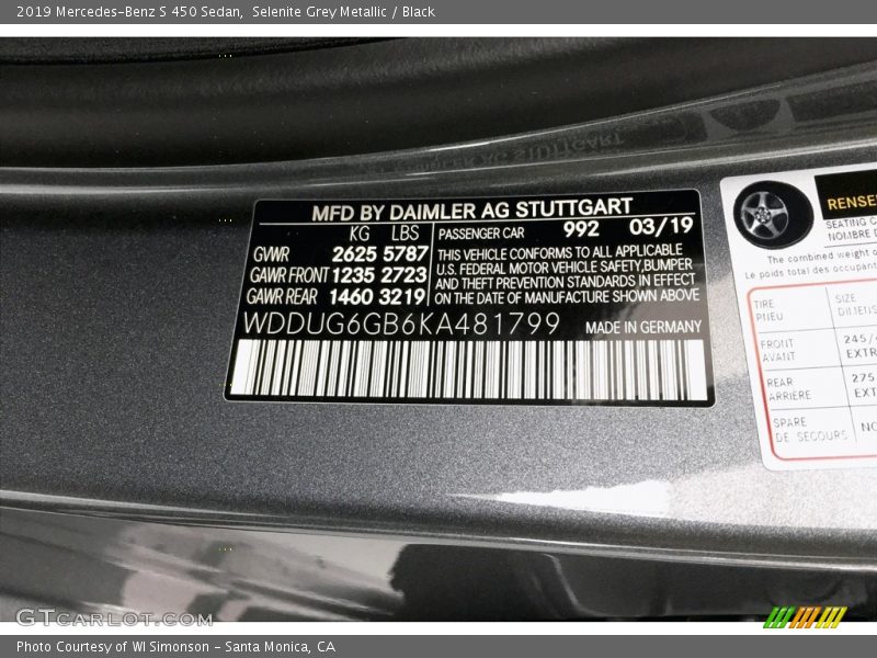 2019 S 450 Sedan Selenite Grey Metallic Color Code 992