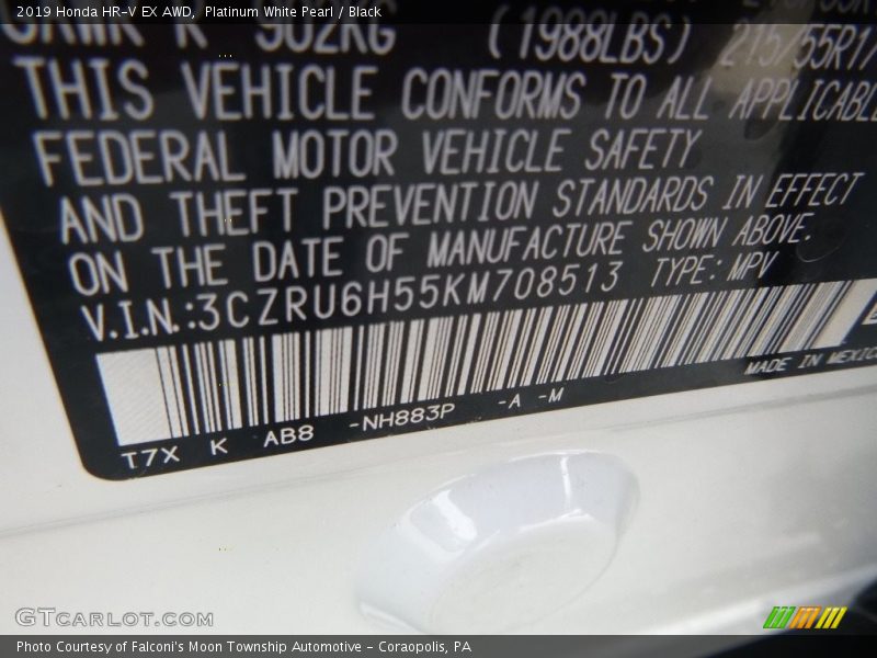 2019 HR-V EX AWD Platinum White Pearl Color Code NH883P