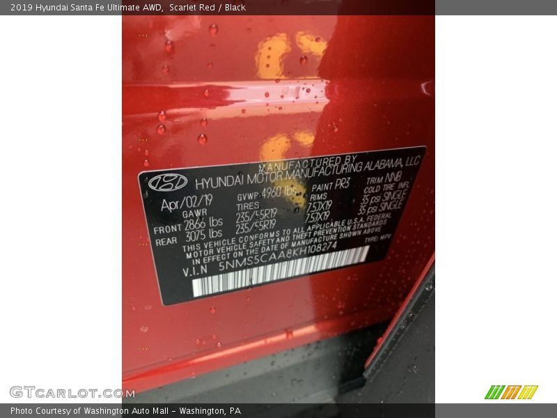 2019 Santa Fe Ultimate AWD Scarlet Red Color Code PR5