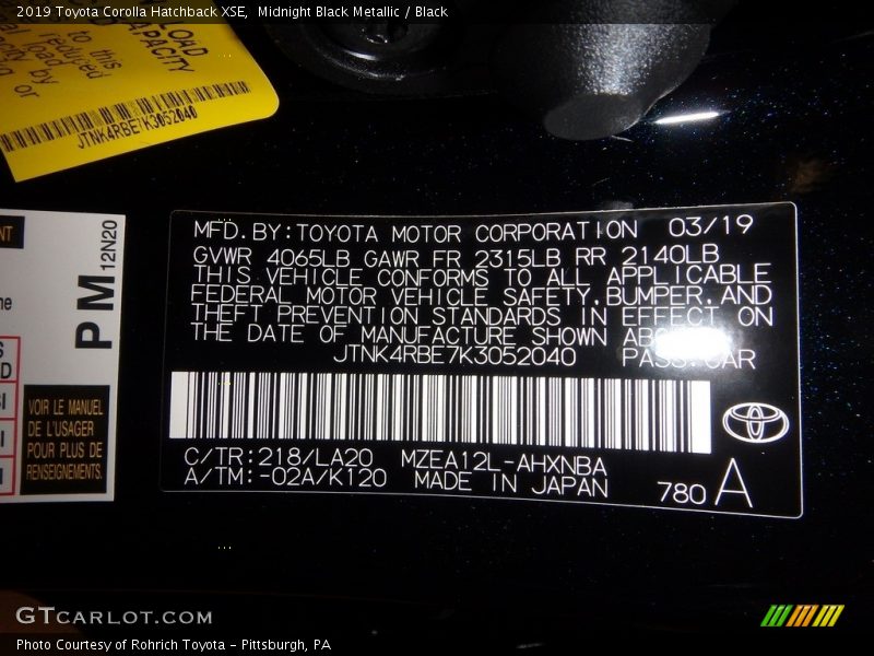 2019 Corolla Hatchback XSE Midnight Black Metallic Color Code 218