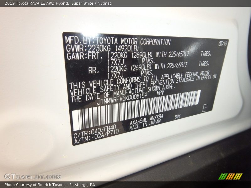 2019 RAV4 LE AWD Hybrid Super White Color Code 040