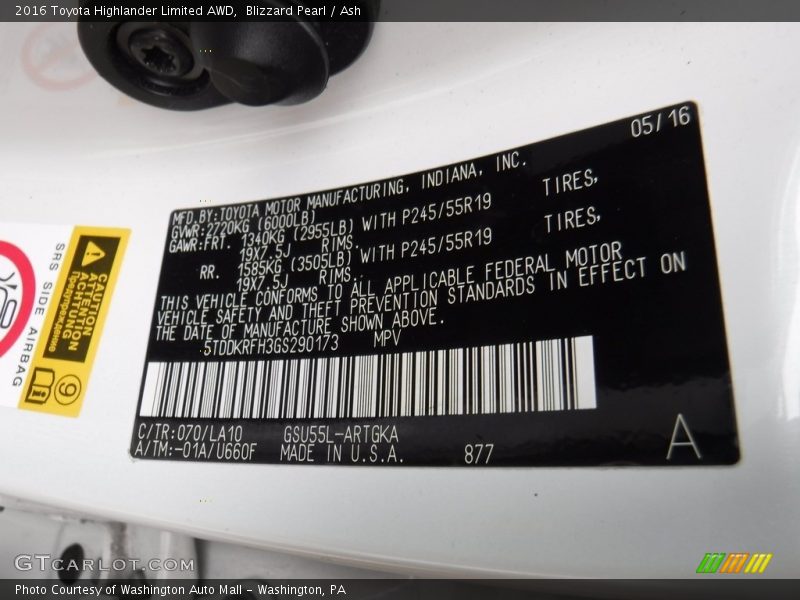 Blizzard Pearl / Ash 2016 Toyota Highlander Limited AWD