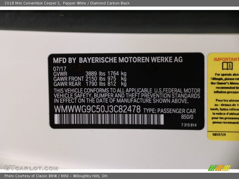 2018 Convertible Cooper S Pepper White Color Code 850