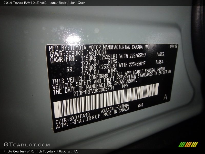 2019 RAV4 XLE AWD Lunar Rock Color Code 6X3