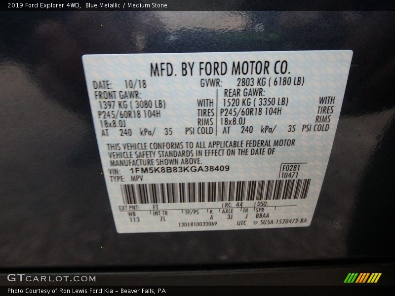 Blue Metallic / Medium Stone 2019 Ford Explorer 4WD